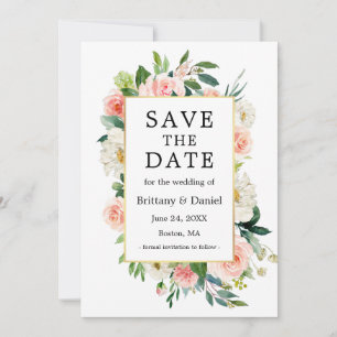Aquarell-Rosa-Weiße-Blumen-Elegante-Gold-Rahmen Save The Date