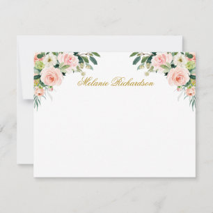 Aquarell-Rosa-Weiße-Blumen-Gold-Personalisiert Mitteilungskarte