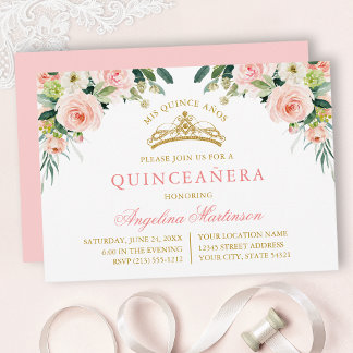 Aquarell Rosa Weiße Florale Goldene Quinceanera Einladung