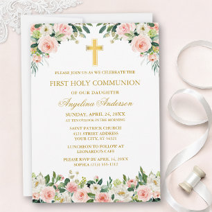 Aquarell Rosa Weiße Florale Kommunion Gold Einladung