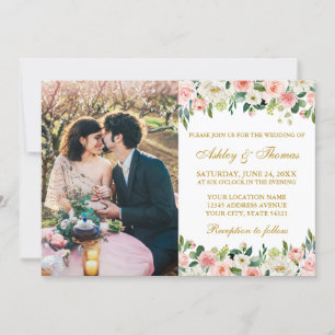Aquarell-Rosa-Weiße-Floralen-Foto-Hochzeit-Gold Einladung