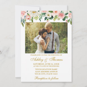 Aquarell-Rosa-Weiße-Floralien-Foto-Hochzeit-Gold Einladung