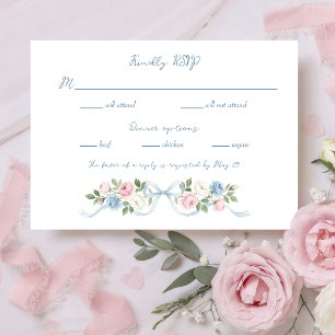 Aquarell-Rosa, Weiße und Blaue Rosen & Band RSVP Karte