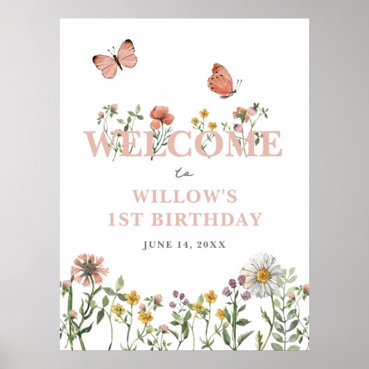 Aquarell Rosa Wildblume 1. Geburtstag Willkommen Poster (Vorne)