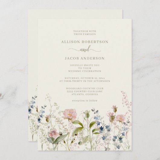 Aquarell Rosa Wildblume Blumenzwiebelblume Elfenbe Einladung (Vorne/Hinten)