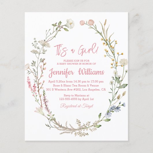 Aquarell Rosa Wildblumen Babydusche Einladung (Vorderseite)