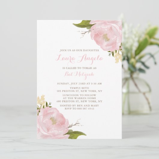 Aquarell Rosa Ziegel Bat Mitzvah Einladung (Stehend Vorderseite)