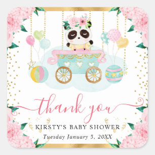 Aquarell-Rosa-Zirkus-Panda-Blumen-Baby-Party Quadratischer Aufkleber