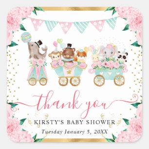 Aquarell-Rosa-Zirkus-Tiere-Blumen-Baby-Party Quadratischer Aufkleber