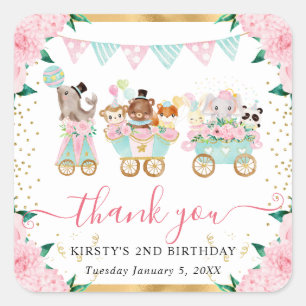 Aquarell Rosa Zirkustiere Floral Geburtstag Quadratischer Aufkleber