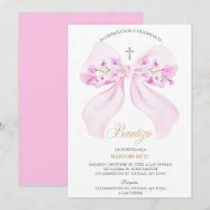 Aquarell-Rosafarbene Schleife Florales Mädchen-Tau Einladung