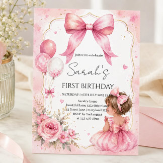 Aquarell-Rosafarbenes-Schleifen-Mädchen-Geburtstag Einladung