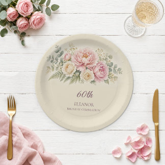 Aquarell-Rosé-Blumen-Einwegteller zum 60. Geburtst Pappteller