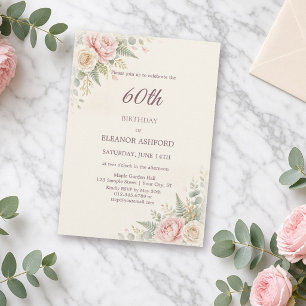 Aquarell-Rosé-Blumen zum 60. Geburtstag Einladung