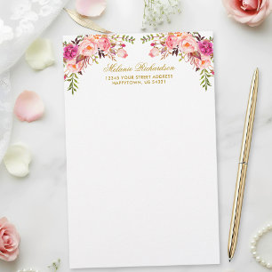 Aquarell-Rosé-Blush-Blumen-Gold-Personalisiert Briefpapier