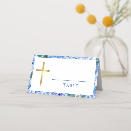 Aquarell Rose Dusty Blue Taufe Junge Platzkarte (Vorderseite)