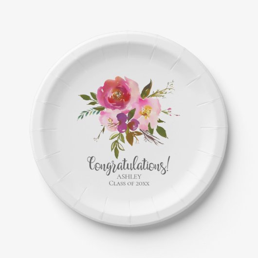 Aquarell-Rosé-Floral-Abschluss Pappteller (Vorderseite)