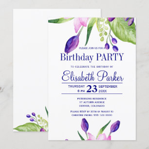 Aquarell-Rosé Navy-Blumen Geburtstagsfeier Einladung