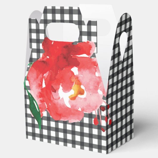 Aquarell Rose Schwarz-weiß Gingham Karo Gable Geschenkschachtel (Geöffnet)