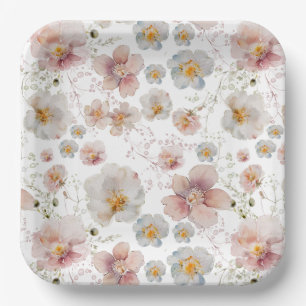 Aquarell-Rosé- und Blaue Wildblumen-Braut-Party Pappteller