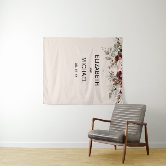 Aquarell-Rosé und burgunderrote Floral-Hochzeit Wandteppich (Beispiel (Horizontal))