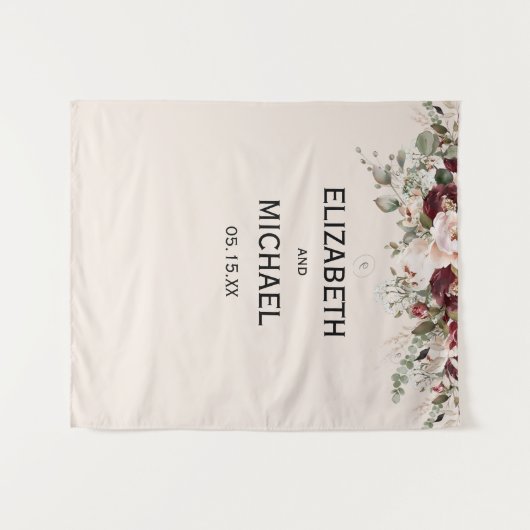 Aquarell-Rosé und burgunderrote Floral-Hochzeit Wandteppich (Vorderseite (Horizontal))