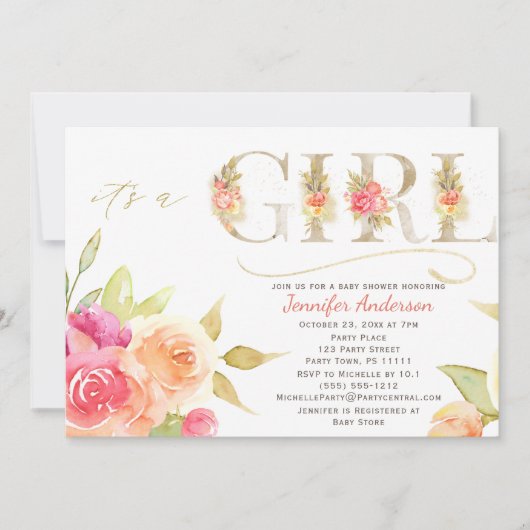 Aquarell-Rose und Gold Baby Girl Dusche Einladung (Vorderseite)