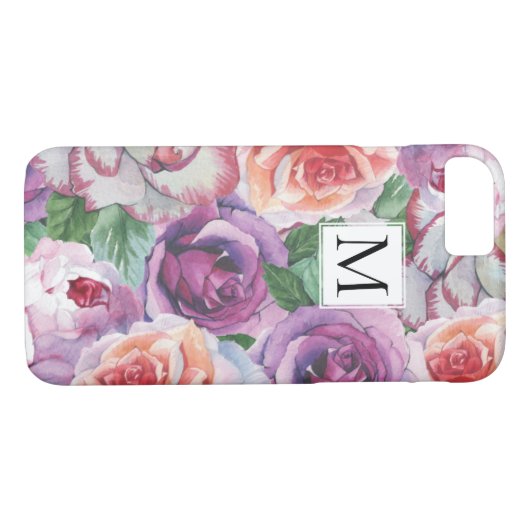 Aquarell-Rose und Monogramm Case-Mate iPhone Hülle (Rückseite (Horizontal))