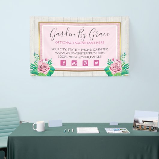 Aquarell-Rose und Rustikal-Holz-Shabby Chic-Hütte Banner (Messeveranstaltung)