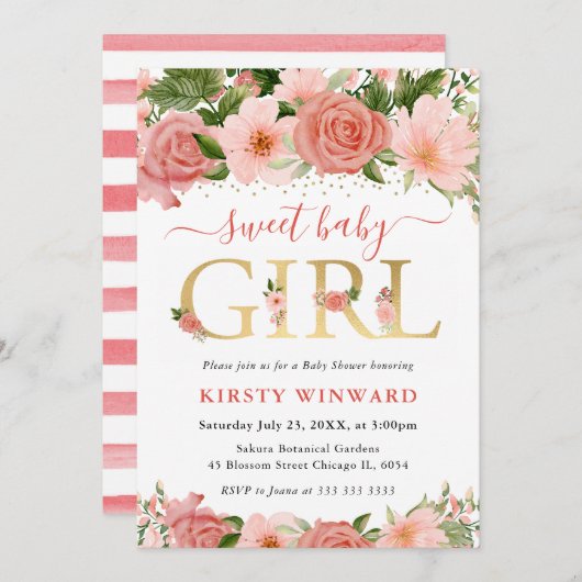 Aquarell Rosen Blume Kinderdusche Einladung (Vorne/Hinten)