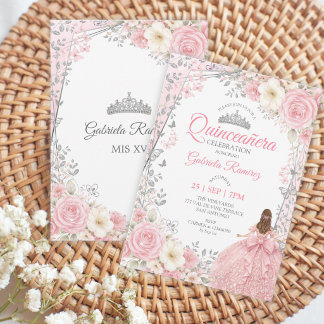 Aquarell-Rosen Blush-Rosa Silber Quinceañera Einladung