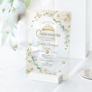 Aquarell-Rosen-Cream-Gold-Floral-Quinceanera Acryleinladungen
