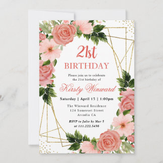 Aquarell Rosen Gold Rahmen 21. Geburtstag Einladung