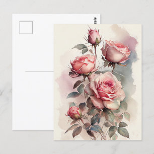 Aquarell-Rosen in Rosa im Vintage-Stil Postkarte