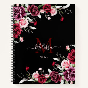 Aquarell-Rosen-Monogramm Schwarz Notizblock
