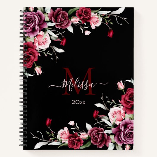 Aquarell-Rosen-Monogramm Schwarz Notizblock (Vorderseite)
