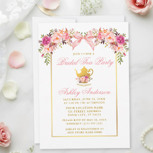 Aquarell-Rosen Rosa Schleife Braut-Teeparty Einladung