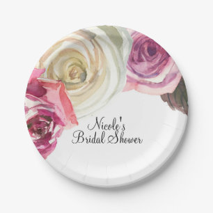Aquarell-Rosen Rosa und Weiß Chic-Brautparty Pappteller