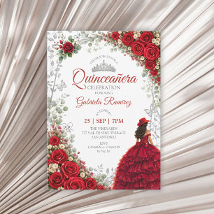 Aquarell-Rosen Rot und Silber Quinceañera Einladung