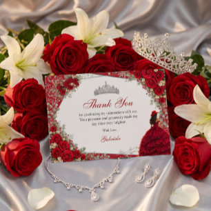 Aquarell-Rosen Rot und Silber Rote Quinceañera Dankeskarte