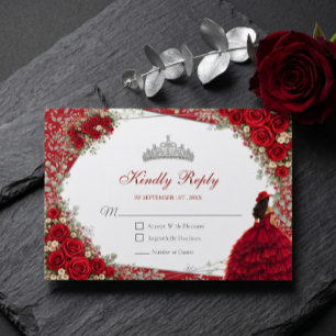 Aquarell-Rosen Rot und Silber Rote Quinceañera RSVP Karte