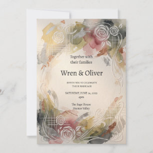 Aquarell-Rosengarten Art Deco Hochzeit Einladung