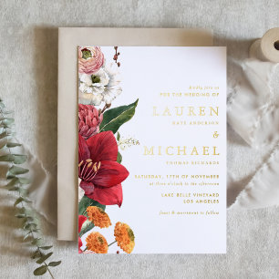 Aquarell-Rot-Amaryllis- und Chrysanthemen-Hochzeit Folieneinladung