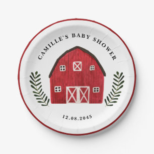 Aquarell-Rot-Barn-Bauernhaus-Themen-Baby-Party Pappteller