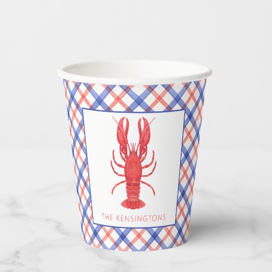 Aquarell Rot & Blau Karierte Hummer Pappbecher (Vorderseite)