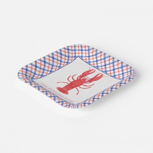Aquarell Rot & Blau Karierte Hummer Pappteller (Gewinkelt)
