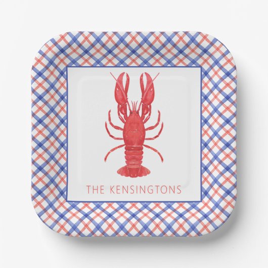 Aquarell Rot & Blau Karierte Hummer Pappteller (Vorderseite)