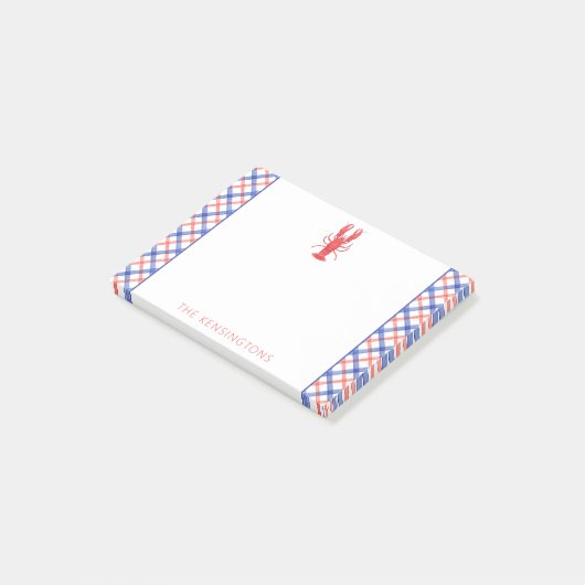 Aquarell Rot & Blau Karierte Hummer Personalisiert Post-it Klebezettel (angewinkelt)