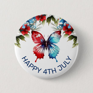 Aquarell Rot, Blau und Weiße Blumen 4. Juli Button