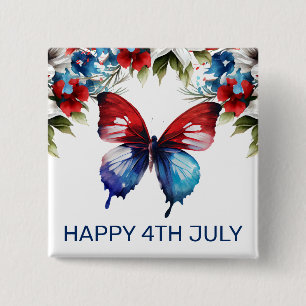 Aquarell Rot, Blau und Weiße Blumen 4. Juli Button